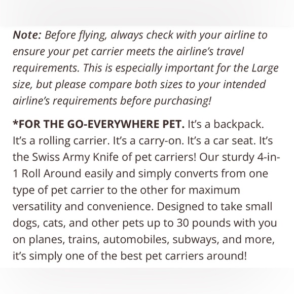 Snoozer Pet products- roll around Travel Dog / Cat carrier backpack 4 in 1 - Picture 7 of 16